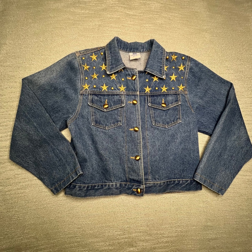 Western 80s Jean Denim Jacket Gold Star Studded Embroidered Cowgirl 7/8 Juniors